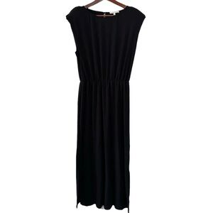 WAYF Woman’s Black Sleeveless Shoulder Pad Elastic Waist Side Slit Midi Dress L